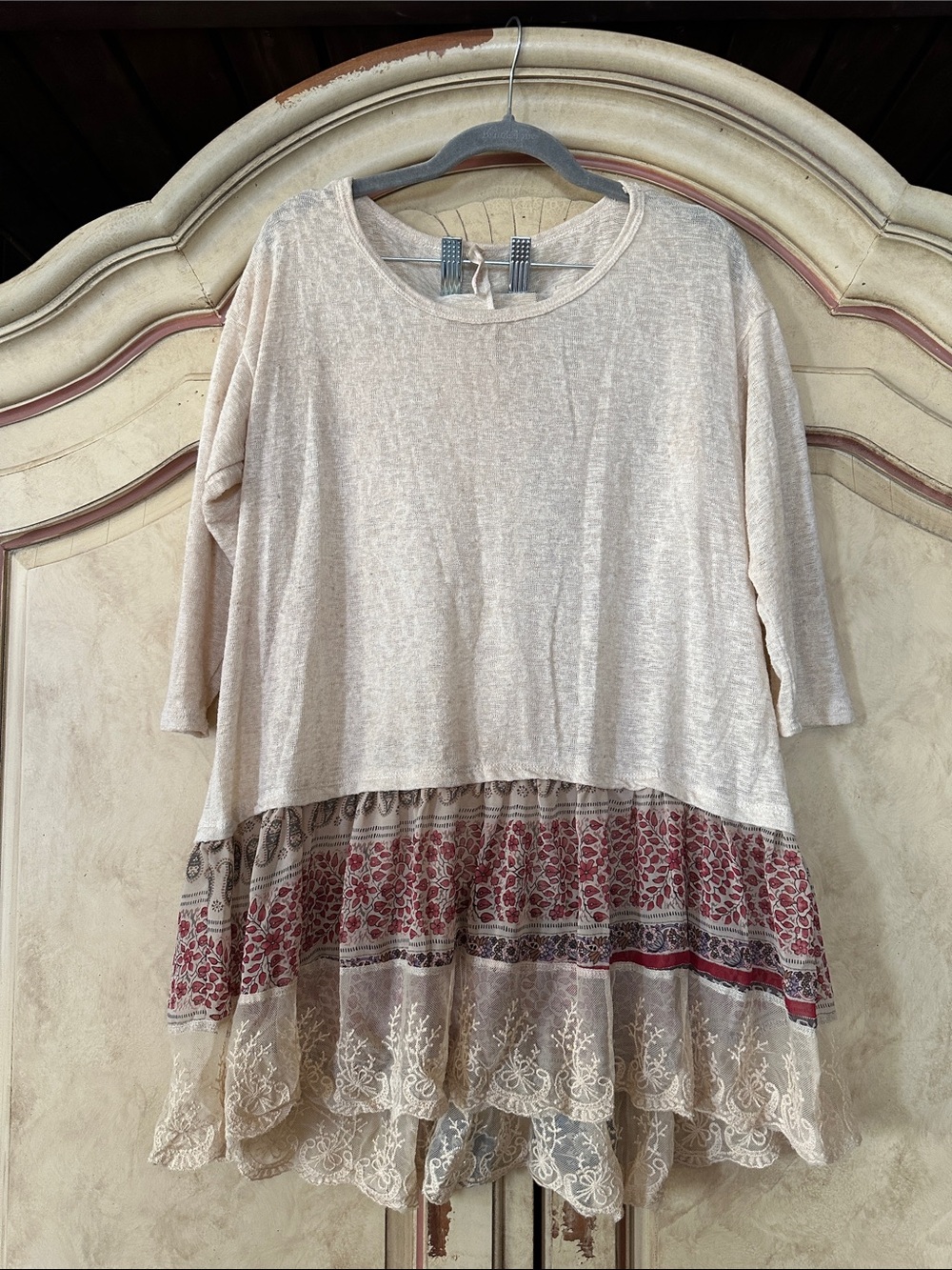 Hand Tea Stained Cream Tunic Top with Paisley Lace Hem size Medium